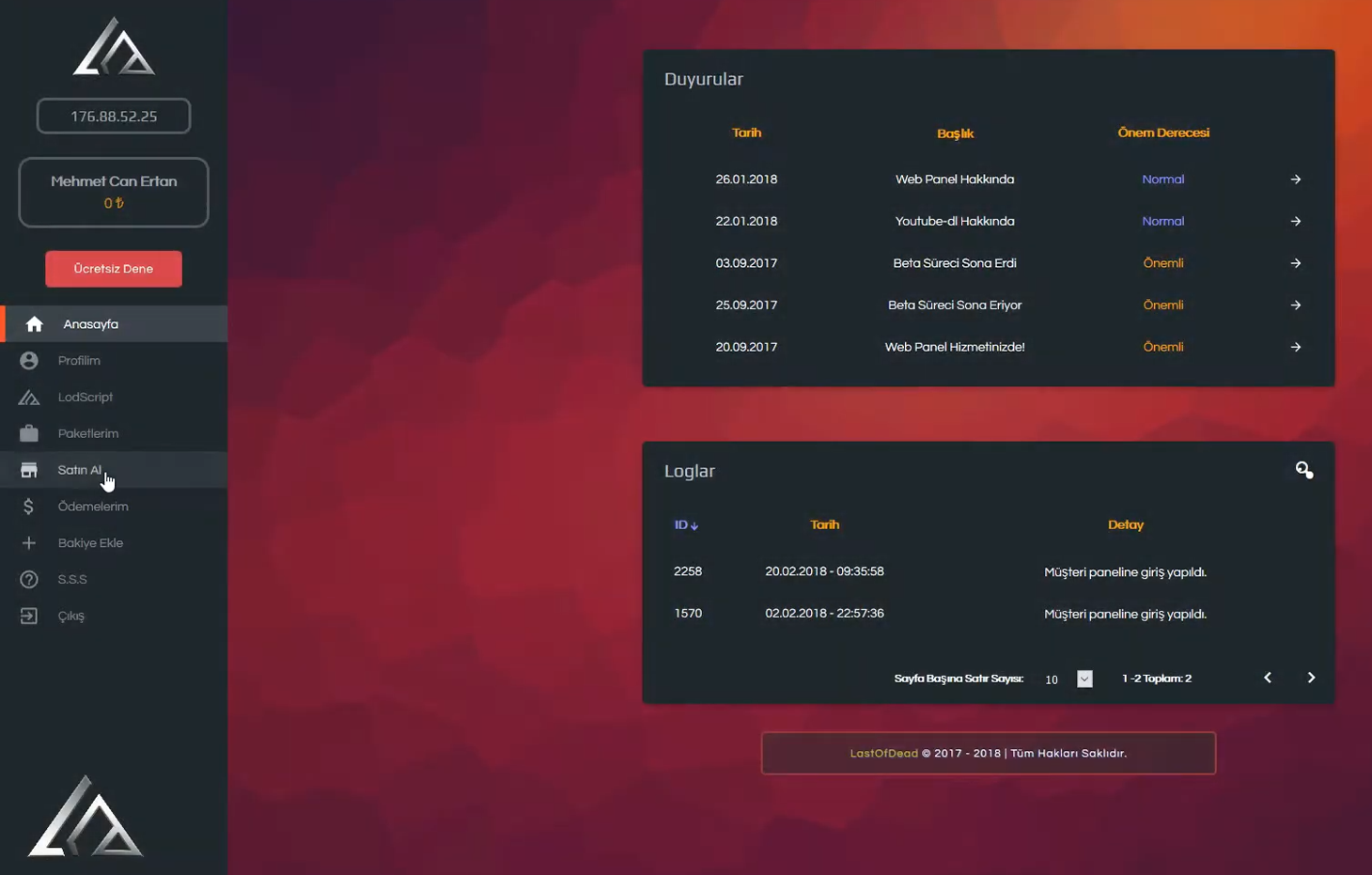 LinusScript - Kullanıcı Panel Ana Sayfa